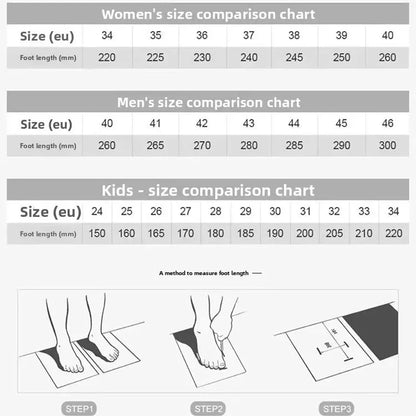Size comparison chart for women, men, and kids with foot length measurement instructions.