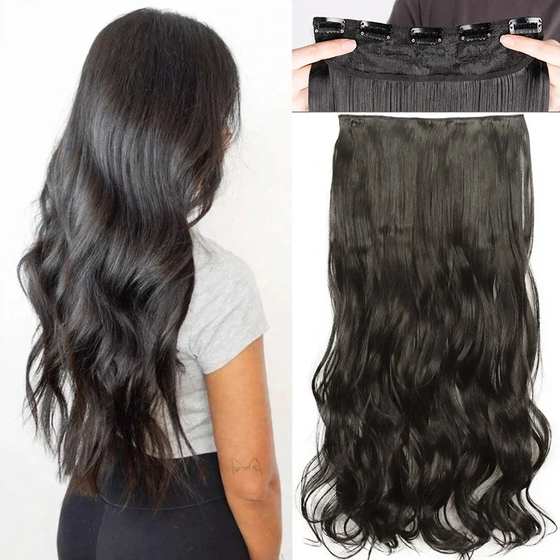 Dark wavy hair extensions shown worn and flat on a white background with clips visible.