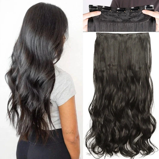 Dark wavy hair extensions shown worn and flat on a white background with clips visible.