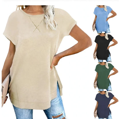 Beige round-neck short-sleeve knit top with drop shoulders and side slits, shown in multiple colors.