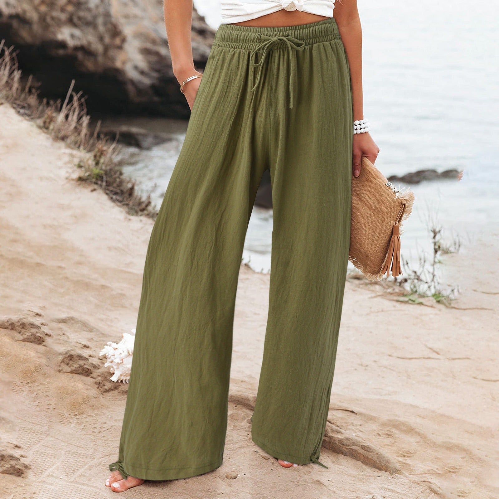 Women's Beach Pants Loose Wide Leg Drawstring Pants - Merch Gone Viral