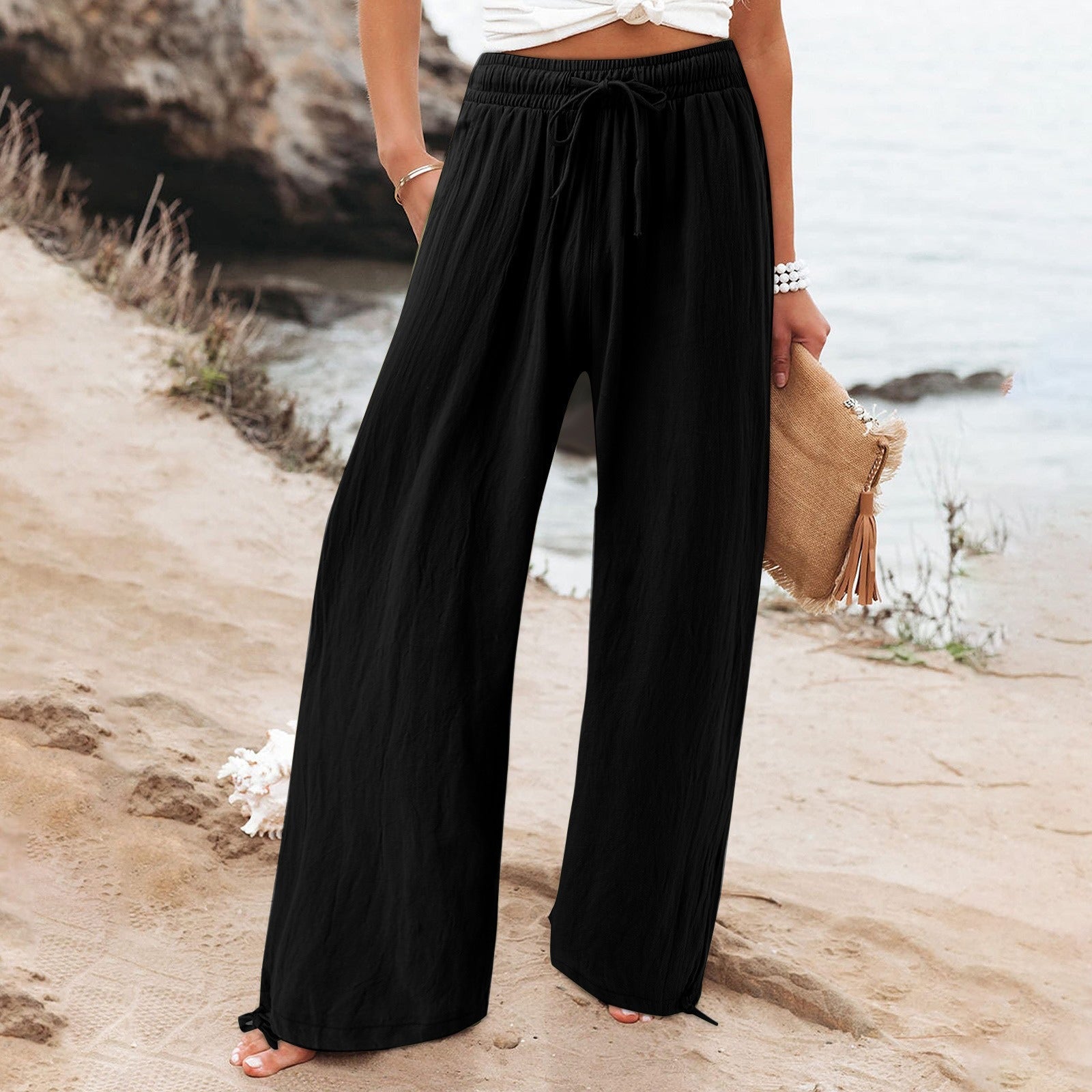 Women's Beach Pants Loose Wide Leg Drawstring Pants - Merch Gone Viral