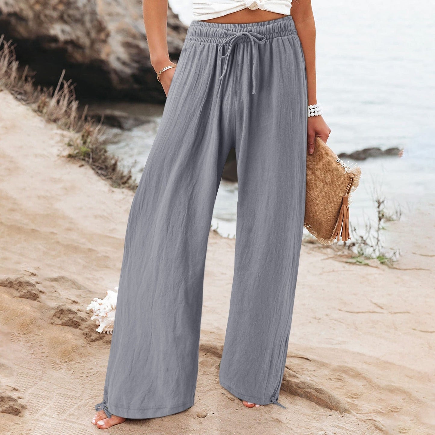 Women's Beach Pants Loose Wide Leg Drawstring Pants - Merch Gone Viral