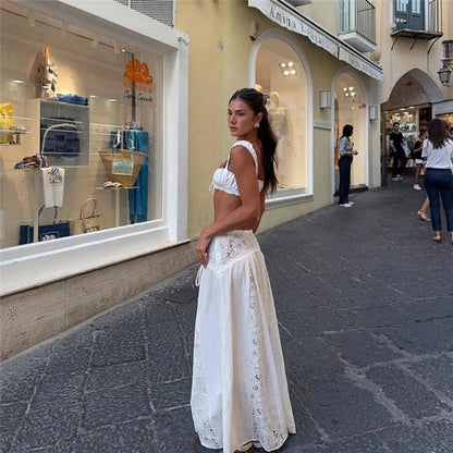Women’s Boho Beach Cover Up Set Tie-Up Cami Tops And Lace Patchwork Long Skirt - Merch Gone Viral