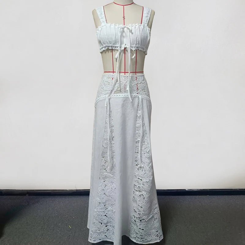 Clothing set boho lace crop top and maxi skirt on a dress form