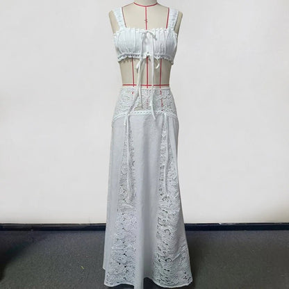 Clothing set boho lace crop top and maxi skirt on a dress form