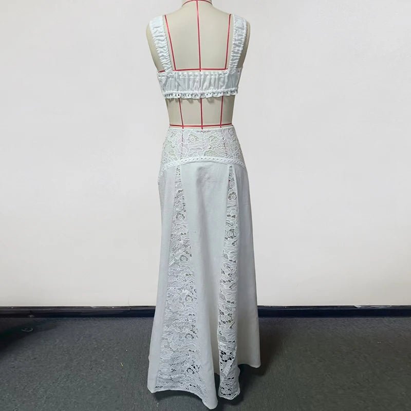 Clothing set crop top and maxi skirt featuring boho lace design shown from the back on a mannequin