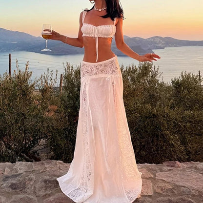 clothing set crop top and maxi skirt featuring boho lace details