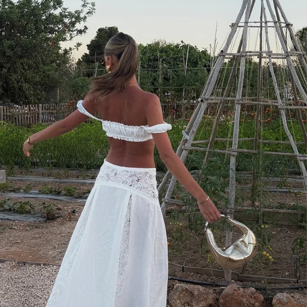 Clothing set featuring a boho lace crop top and matching maxi skirt with off-shoulder design.