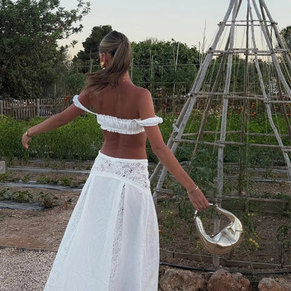 Clothing set featuring a boho lace crop top and matching maxi skirt with off-shoulder design.