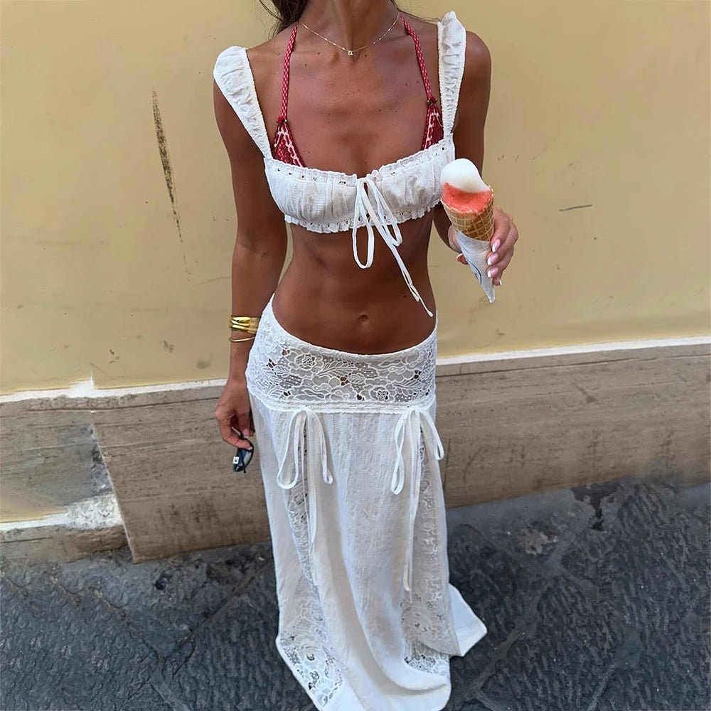 Crop top and maxi skirt set featuring lace trim and tie front details