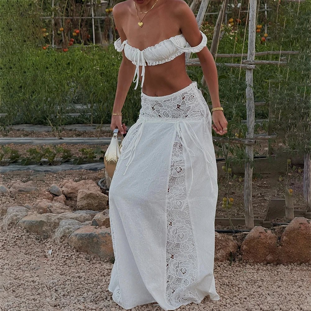 Women clothing set featuring boho lace crop top and maxi skirt with sheer floral panels.