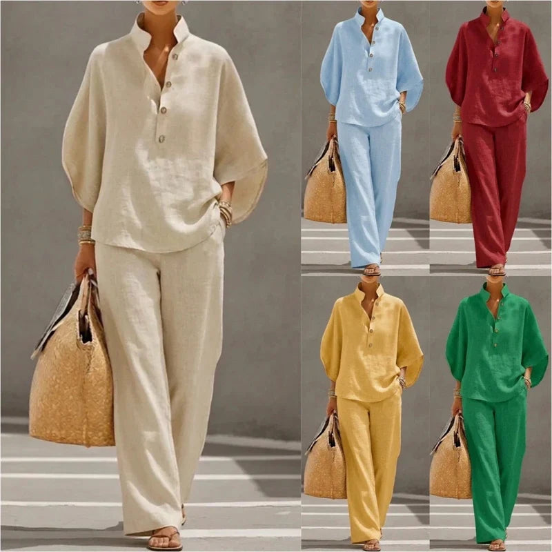 Collared tunic and wide leg pants set shown in five color options.
