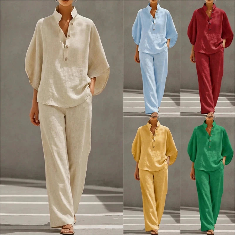 Collage of women wearing two-piece tunic and wide-leg pant sets in beige, blue, red, yellow, and green.