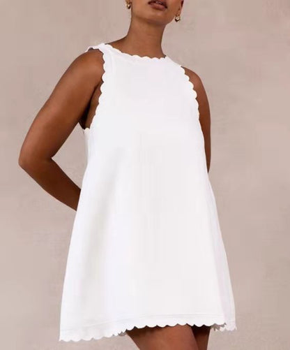 Women’s Cotton Hemp Solid Color Embroidered Ruffled Dress - Merch Gone Viral