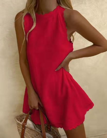 Women’s Cotton Hemp Solid Color Embroidered Ruffled Dress - Merch Gone Viral