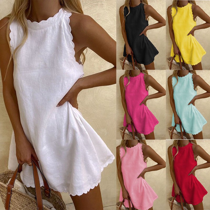 Women’s Cotton Hemp Solid Color Embroidered Ruffled Dress - Merch Gone Viral