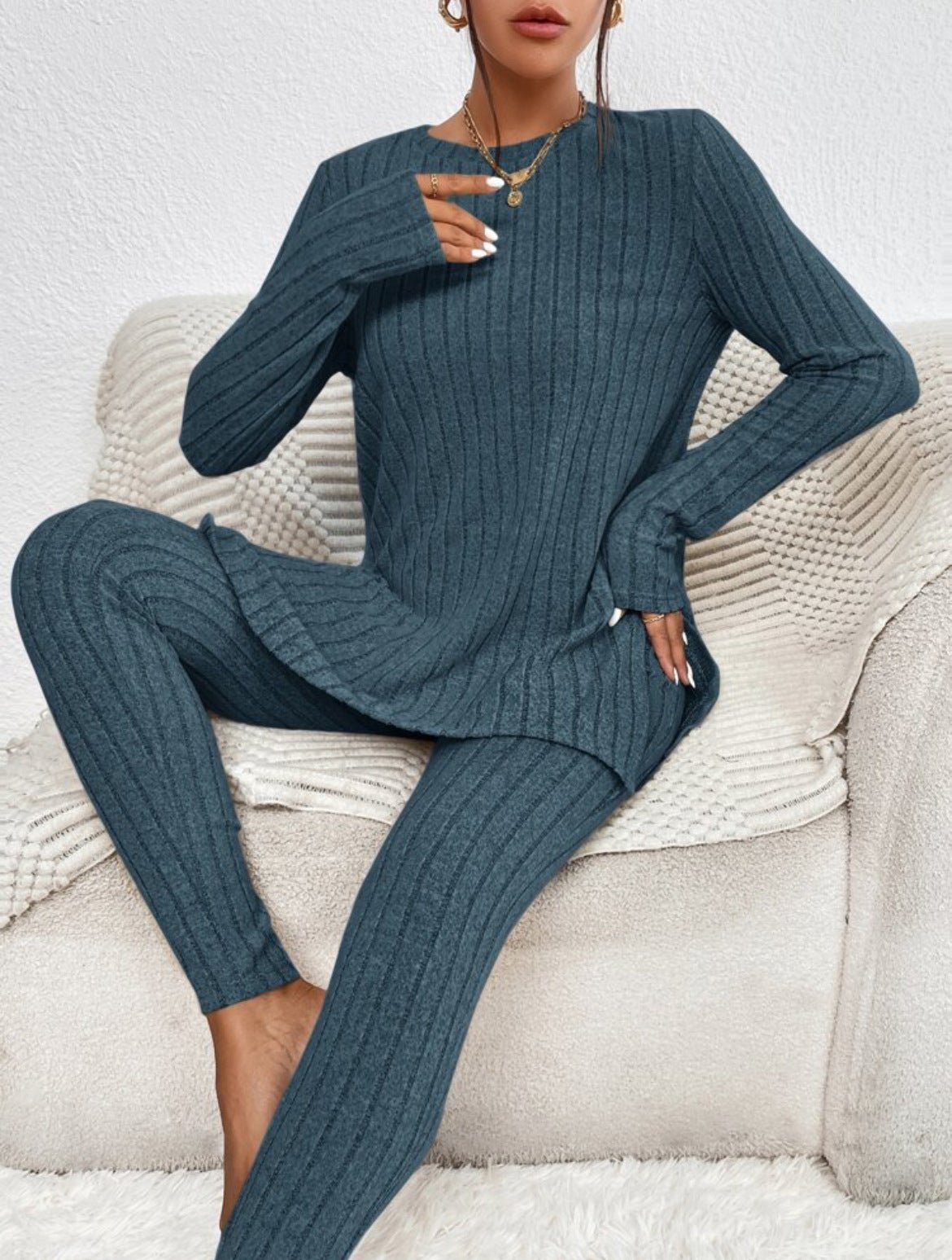 Women’s Cotton Round-Neck Shirt and Elastic Waist Trousers Set - Merch Gone Viral