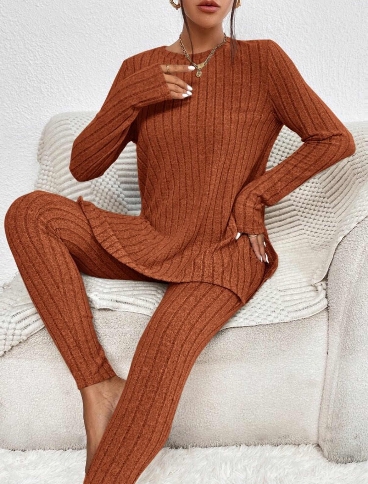Women’s Cotton Round-Neck Shirt and Elastic Waist Trousers Set - Merch Gone Viral
