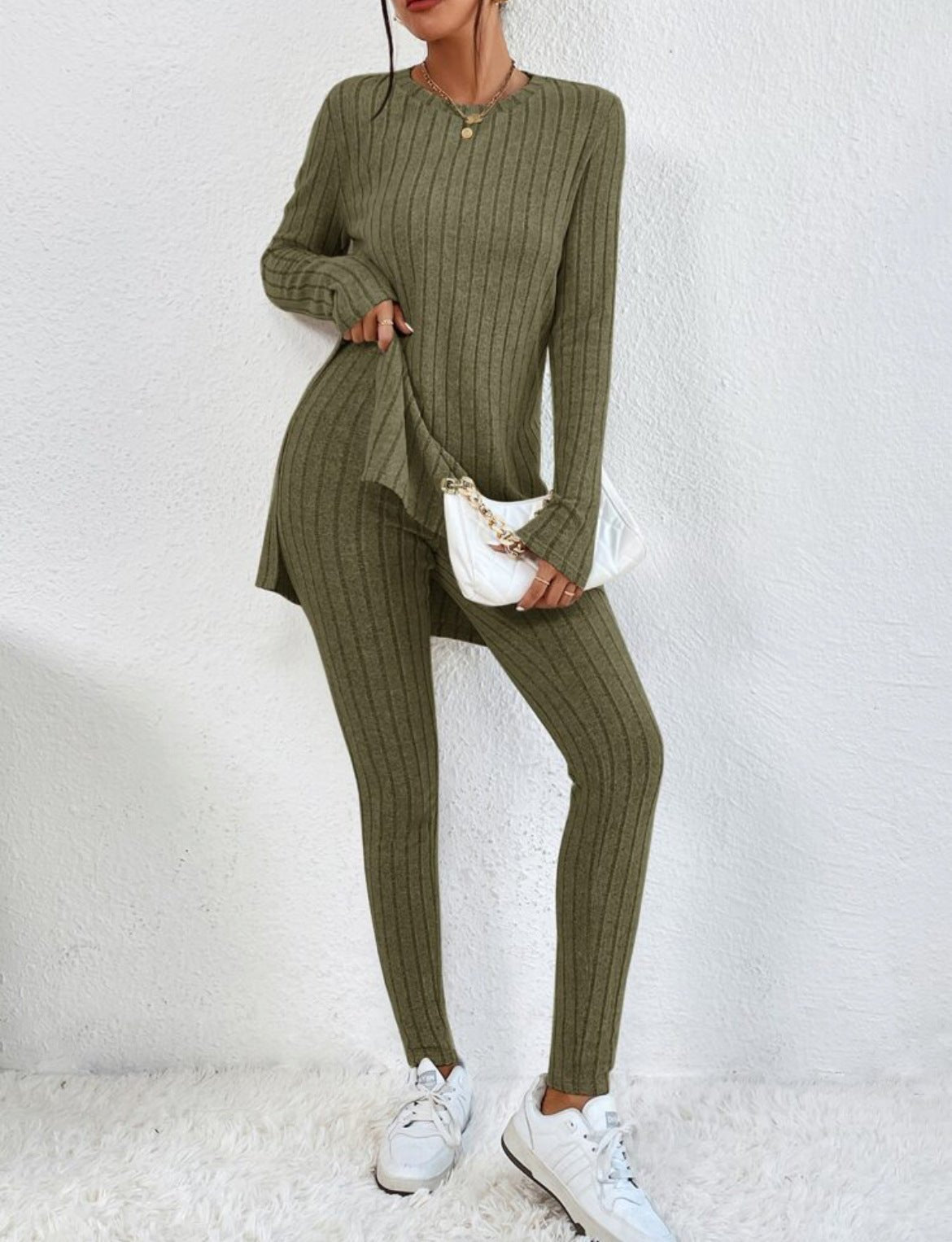 Women’s Cotton Round-Neck Shirt and Elastic Waist Trousers Set - Merch Gone Viral