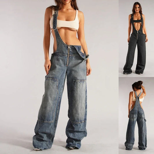 Women's wide-leg denim bib overalls with a front zip and adjustable straps