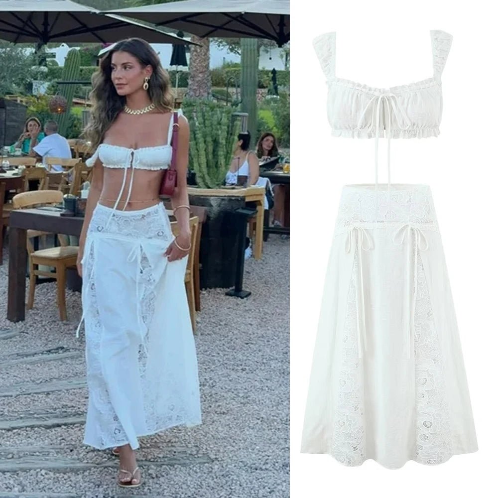 Women’s Elegant Off-Shoulder Cropped Top And Flared Skirt Two-Piece Set - Merch Gone Viral