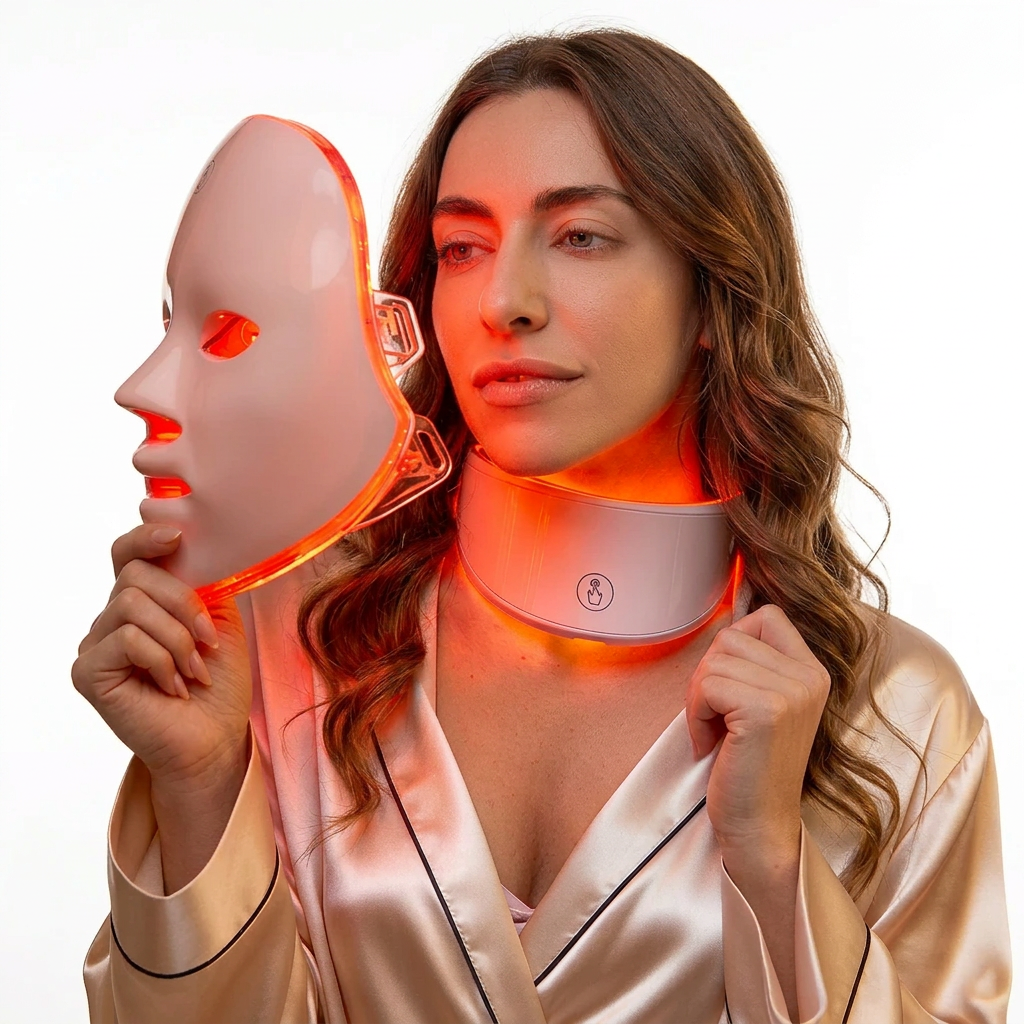 Rechargeable LED facial mask with 7 lights by Merch Gone Viral; white neck-strap device glows orange beside a white illuminated mask.