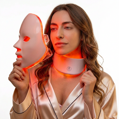 Rechargeable LED facial mask with 7 lights by Merch Gone Viral; white neck-strap device glows orange beside a white illuminated mask.