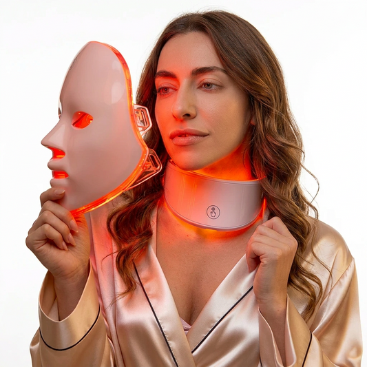 Rechargeable LED facial mask with 7 lights by Merch Gone Viral; white neck-strap device glows orange beside a white illuminated mask.
