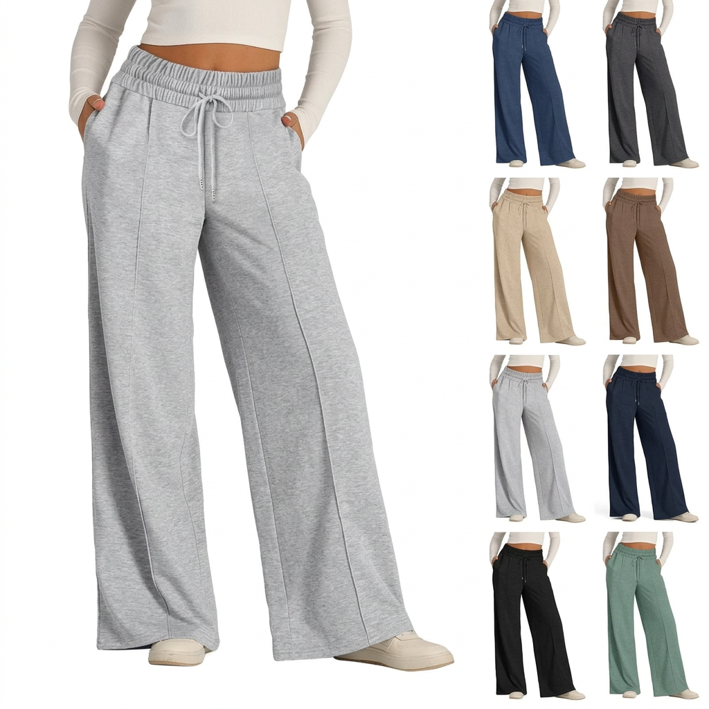 Light gray wide-leg fleece pants with drawstring waist and center-seam detail, worn with white top and sneakers