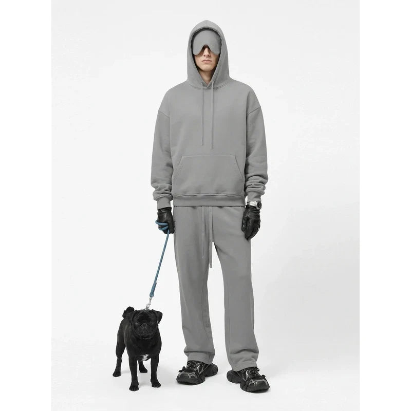 Fleece hoodie and jogger matching set with a built-in eye mask in the hood
