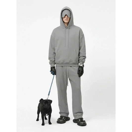 Fleece hoodie and jogger matching set with a built-in eye mask in the hood