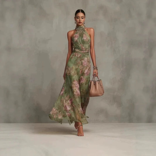Woman wearing a green floral halter chiffon maxi dress and carrying a handbag.
