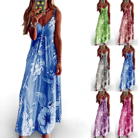 Woman wearing blue floral print slip maxi dress with v-neck and thin straps, shown with five color variations.
