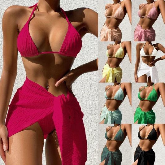 Hot pink halter bikini and mesh skirt set worn by model, with eight color options shown on the right