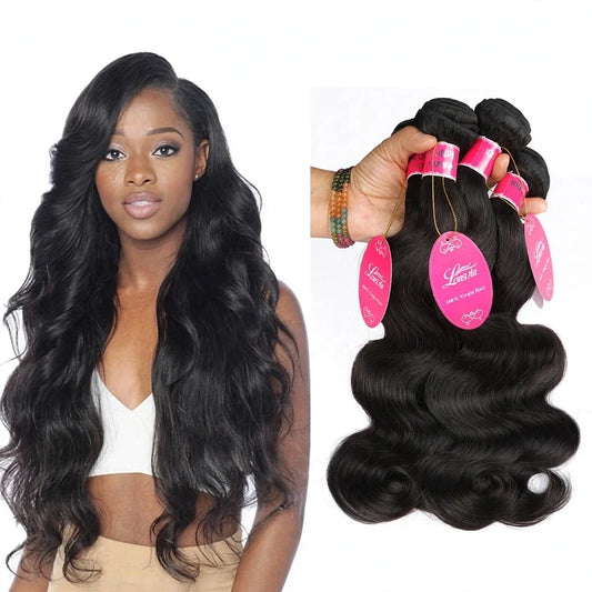 Woman with long black body wave hair extensions beside three bundled wefts with pink tags