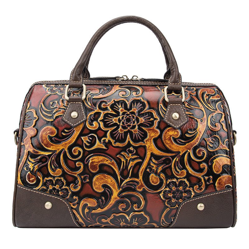 Women’s Leather Handbag Cortex Cylindrical With Floral Pattern - Merch Gone Viral