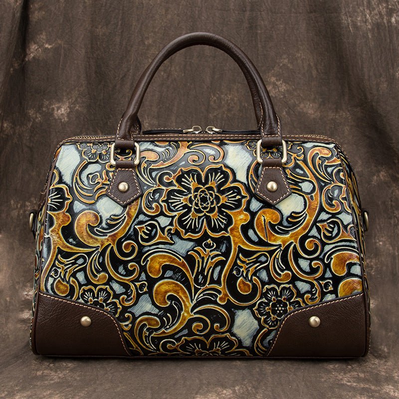 Women’s Leather Handbag Cortex Cylindrical With Floral Pattern - Merch Gone Viral