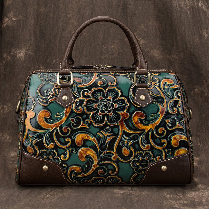 Women’s Leather Handbag Cortex Cylindrical With Floral Pattern - Merch Gone Viral