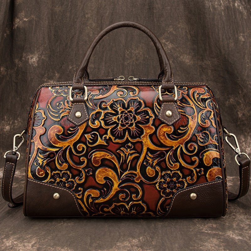 Women’s Leather Handbag Cortex Cylindrical With Floral Pattern - Merch Gone Viral