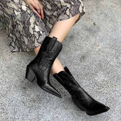 Women’s Leather Knight Boots Vintage Mid Calf Shaft Everyday - Merch Gone Viral