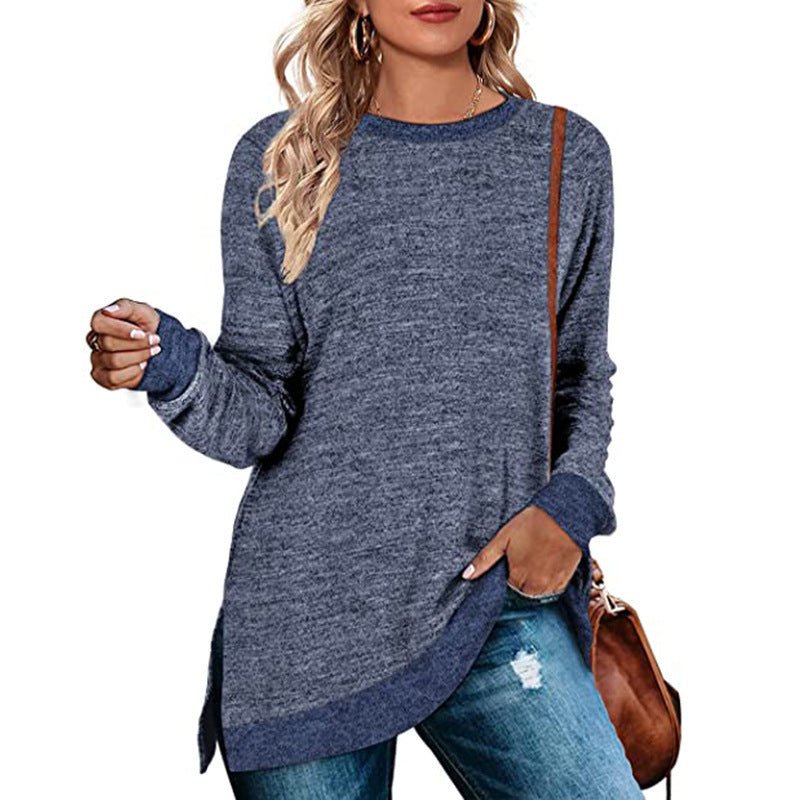 Women’s Multicolor Split Top Round Neck Cotton Blend Long Sleeve Loose Fit - Merch Gone Viral