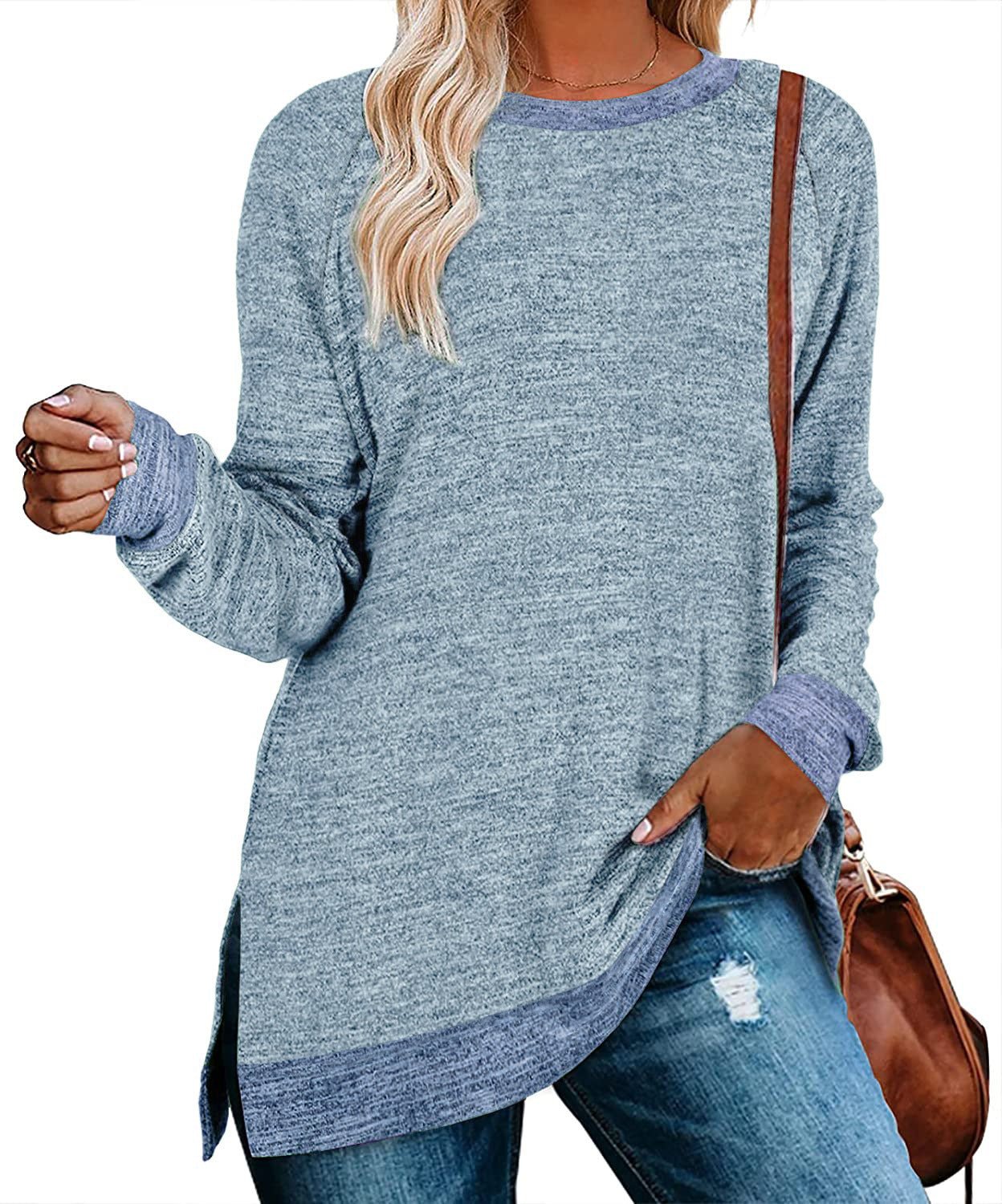Women’s Multicolor Split Top Round Neck Cotton Blend Long Sleeve Loose Fit - Merch Gone Viral