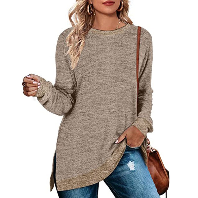 Women’s Multicolor Split Top Round Neck Cotton Blend Long Sleeve Loose Fit - Merch Gone Viral