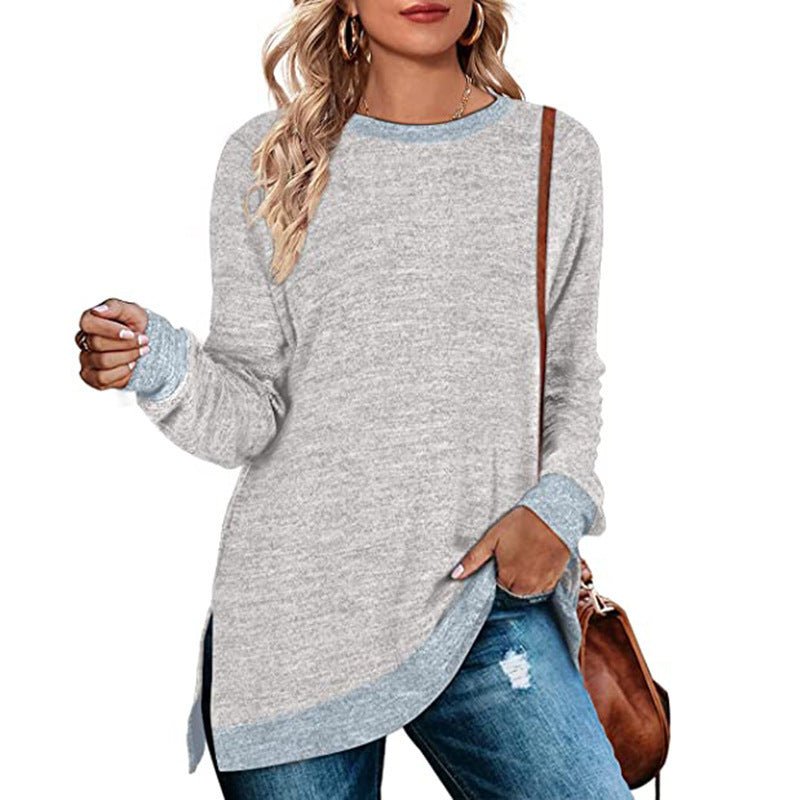 Women’s Multicolor Split Top Round Neck Cotton Blend Long Sleeve Loose Fit - Merch Gone Viral