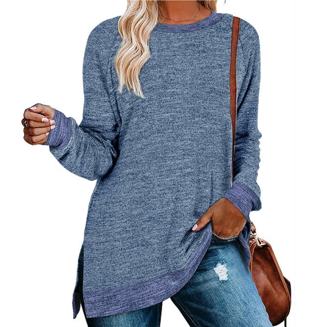 Women’s Multicolor Split Top Round Neck Cotton Blend Long Sleeve Loose Fit - Merch Gone Viral
