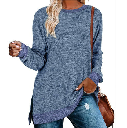 Women’s Multicolor Split Top Round Neck Cotton Blend Long Sleeve Loose Fit - Merch Gone Viral