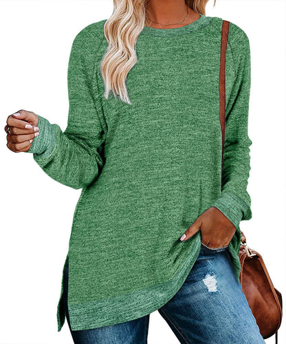 Women’s Multicolor Split Top Round Neck Cotton Blend Long Sleeve Loose Fit - Merch Gone Viral