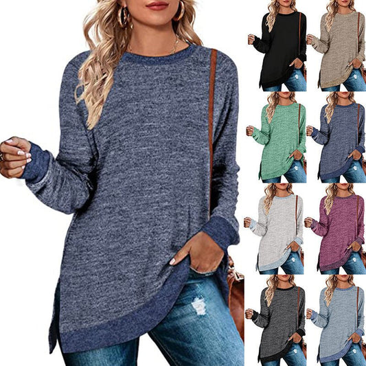 Women’s Multicolor Split Top Round Neck Cotton Blend Long Sleeve Loose Fit - Merch Gone Viral