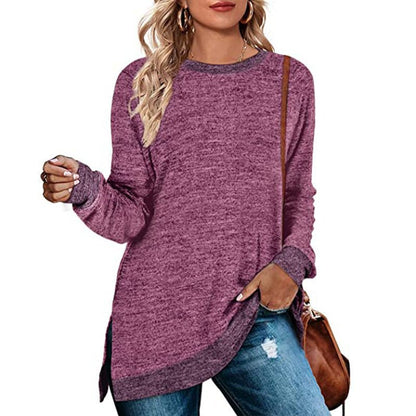 Women’s Multicolor Split Top Round Neck Cotton Blend Long Sleeve Loose Fit - Merch Gone Viral